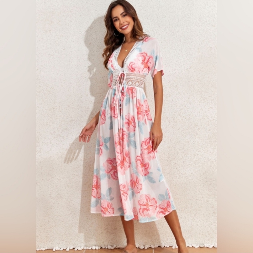 BOUTIQUE Floral Print Lace Splicing Knot Front Beach Cover-Up Sz Medium